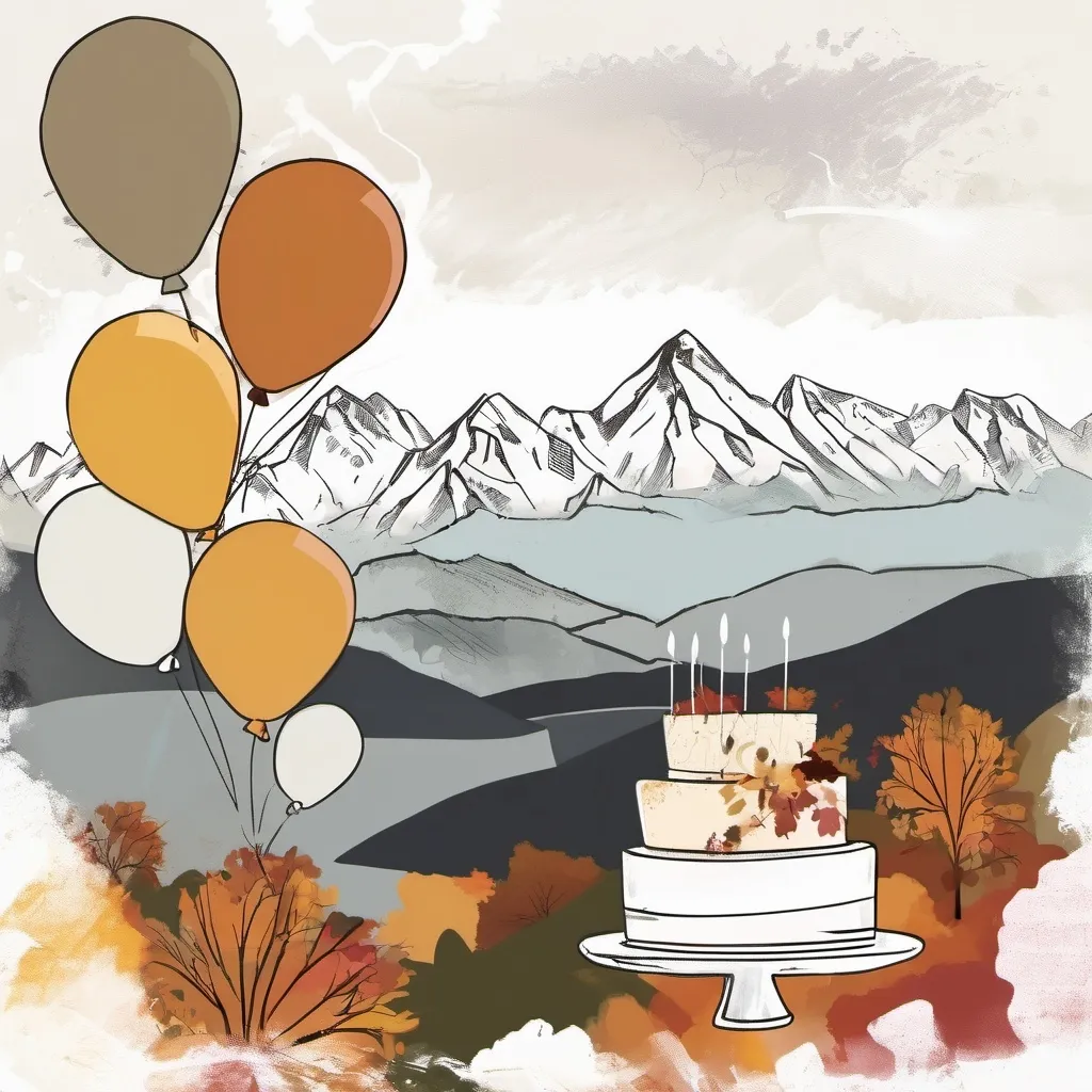 Prompt: Graffiti, muted tones, 80th birthday party, invitation, autumn theme, cake or balloons, open white space for text, mountains in background
