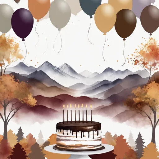 Prompt: Muted tones, 80th birthday party, invitation, autumn theme, cake or balloons, open white space for text, mountains in background