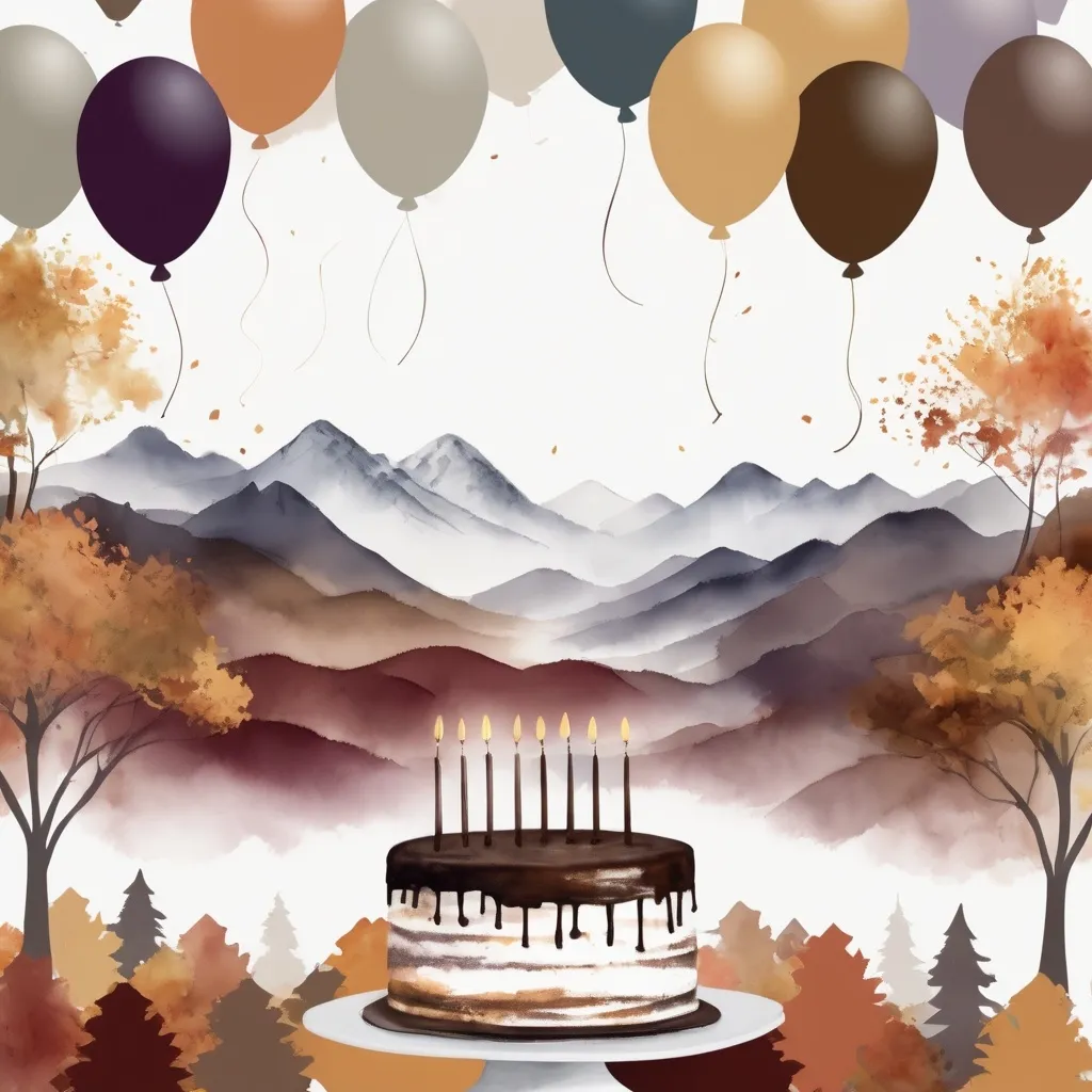 Prompt: Muted tones, 80th birthday party, invitation, autumn theme, cake or balloons, open white space for text, mountains in background