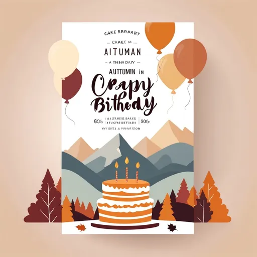 Prompt: illustrations for a book-cover,flat design,simple shapes,vector. muted tones, 80th birthday party, invitation, autumn theme, cake or balloons, open white space for text, mountains in background