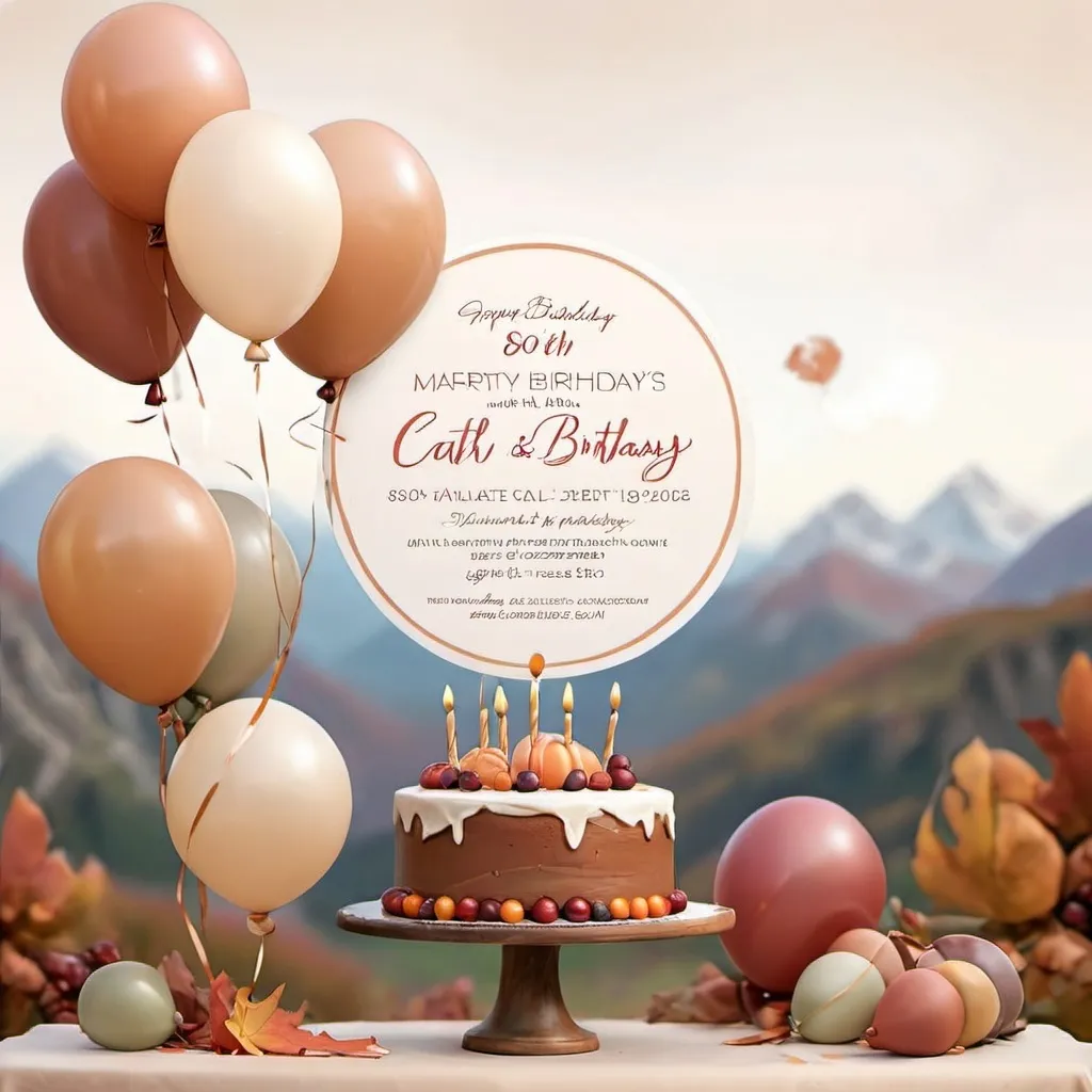 Prompt: Muted tones, 80th birthday party, invitation, autumn theme, cake or balloons, open white space for text, mountains in background