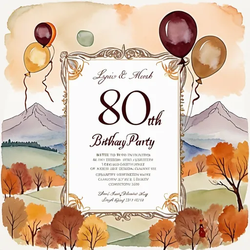 Prompt: Early medieval painting, muted tones, 80th birthday party, invitation, autumn theme, cake or balloons, open white space for text, mountains in background
