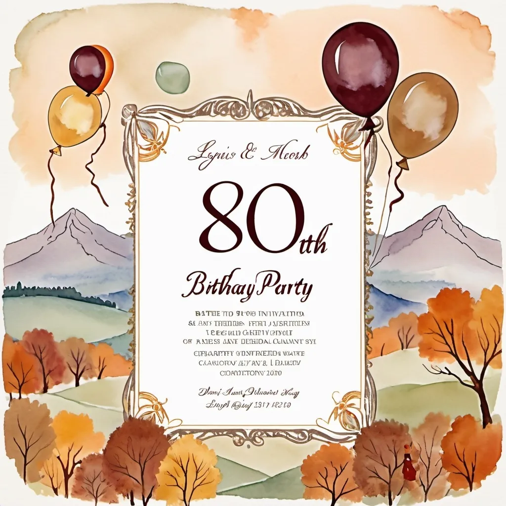 Prompt: Early medieval painting, muted tones, 80th birthday party, invitation, autumn theme, cake or balloons, open white space for text, mountains in background
