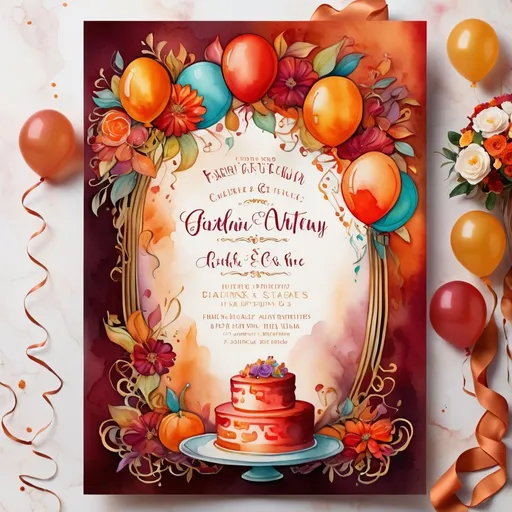 Prompt: digital watercolor painting, bold brush strokes, art nouveau, 80th birthday party, invitation, autumn theme, cake or balloons