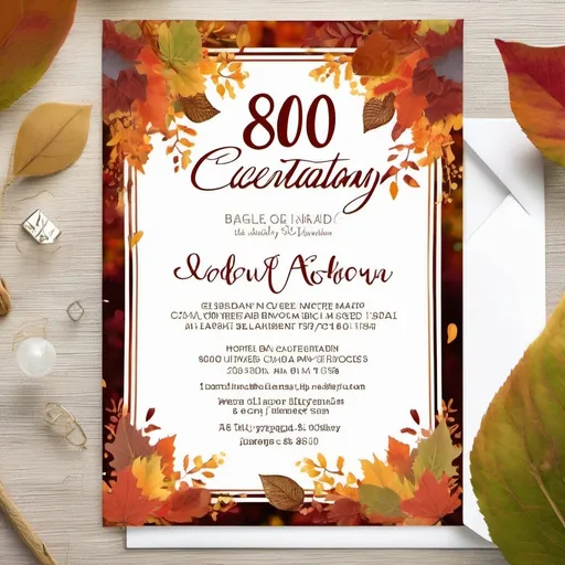 Prompt: (vibrant autumn colors) 80th birthday celebration invitation, warm and inviting ambiance, elegant script font for "You're Invited", autumn leaves and seasonal motifs in the background, cozy setting, festive elements like balloons and confetti, floral accents, detailed texture richness, high-quality design, perfect for creating a memorable celebration atmosphere. Mountains and aspens in background. Blues and greens, reds and oranges