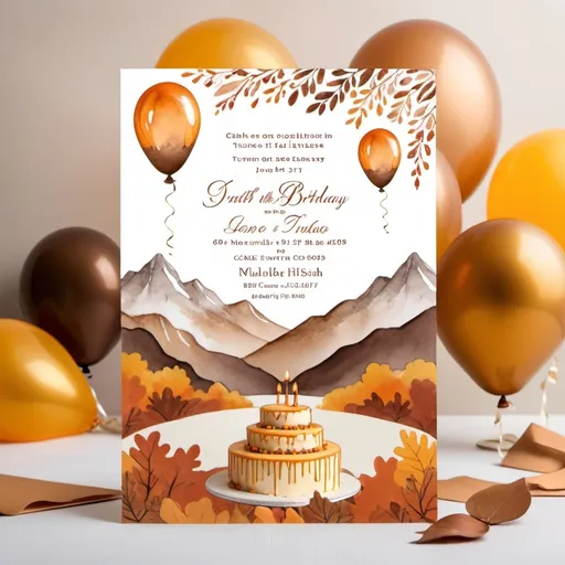 Prompt: detailed texture and details. macro lens, product photography.  muted tones, 80th birthday party, invitation, autumn theme, cake or balloons, open white space for text, mountains in background
