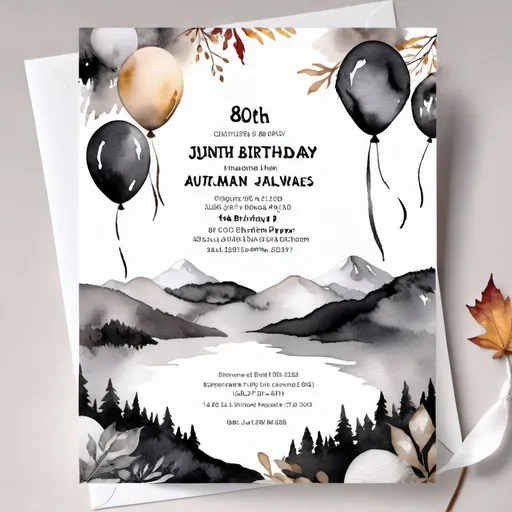 Prompt: Muted tones, 80th birthday party, invitation, autumn theme, cake or balloons, open white space for text, mountains in background