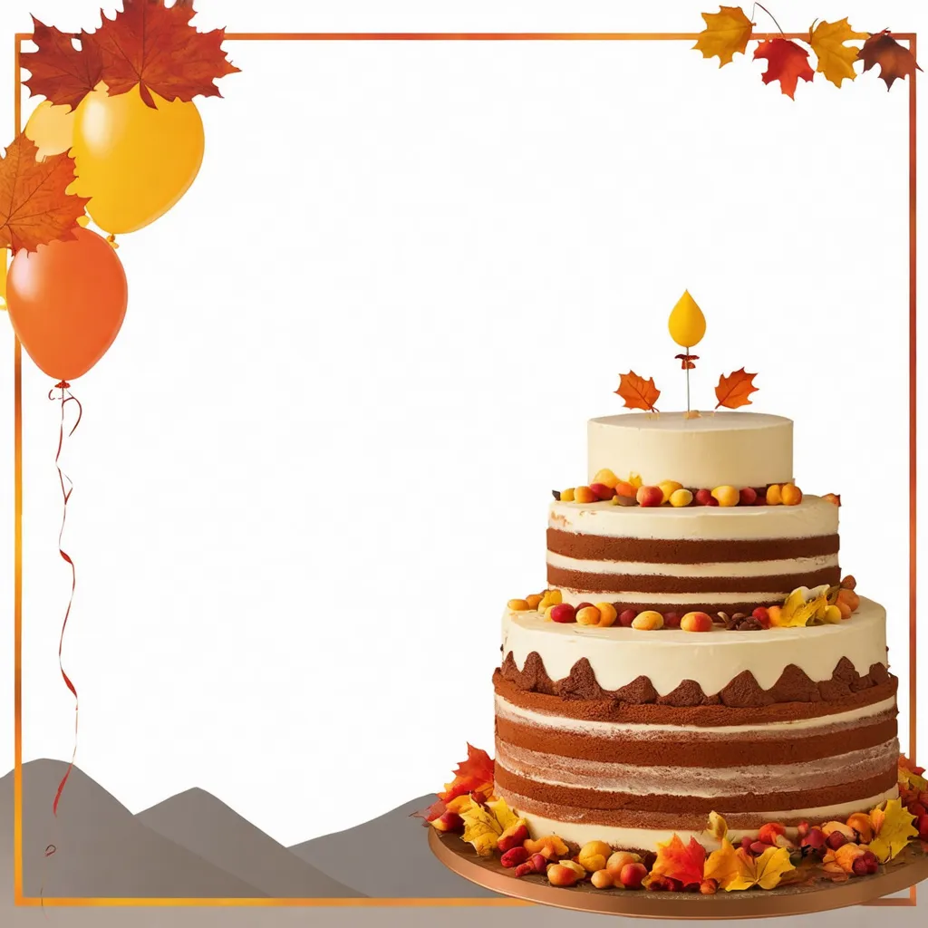 Prompt: Muted tones, 80th birthday party, invitation, autumn theme, cake or balloons, open white space for text, mountains in background