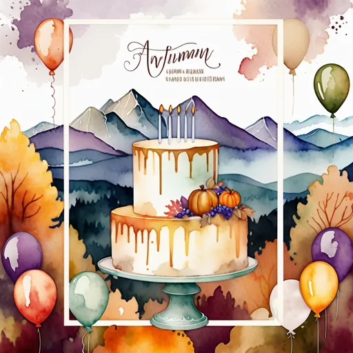 Prompt: digital watercolor painting, bold brush strokes, art nouveau.  muted tones, 80th birthday party, invitation, autumn theme, cake or balloons, open white space for text, mountains in background