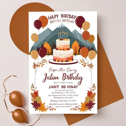 Prompt: 2d flat art, vector art, cover art.  muted tones, 80th birthday party, invitation, autumn theme, cake or balloons, open white space for text, mountains in background