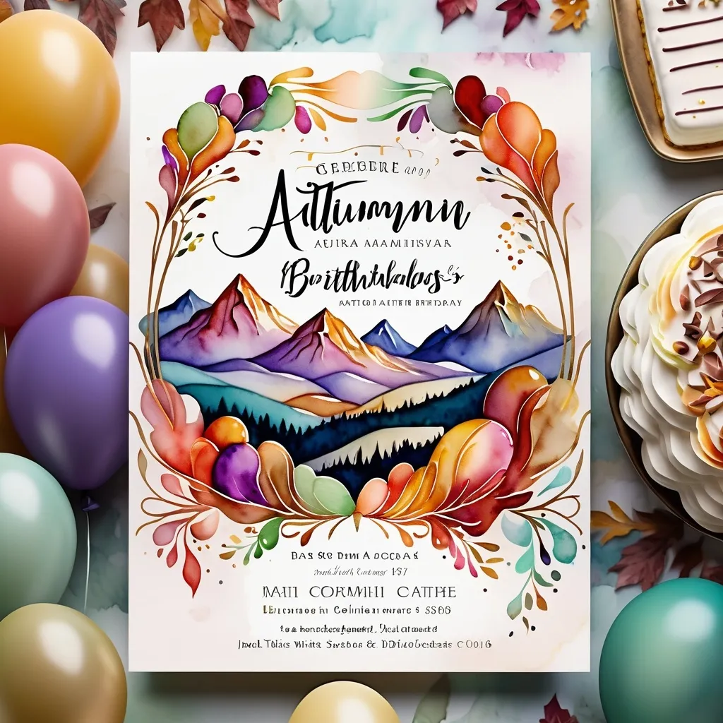 Prompt: digital watercolor painting, bold brush strokes, art nouveau.  muted tones, 80th birthday party, invitation, autumn theme, cake or balloons, open white space for text, mountains in background