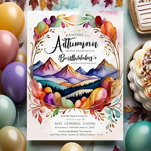 Prompt: digital watercolor painting, bold brush strokes, art nouveau.  muted tones, 80th birthday party, invitation, autumn theme, cake or balloons, open white space for text, mountains in background