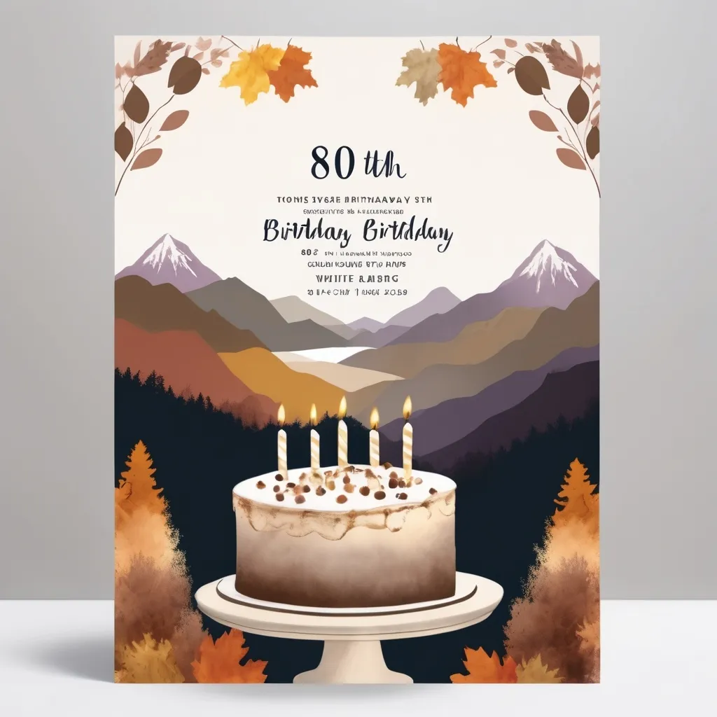 Prompt: Muted tones, 80th birthday party, invitation, autumn theme, cake or balloons, open white space for text, mountains in background