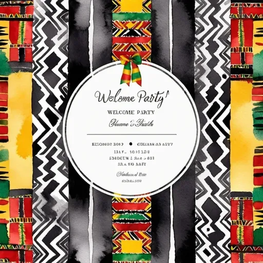 Prompt: Welcome party invitation kente cloth Ghana celebration