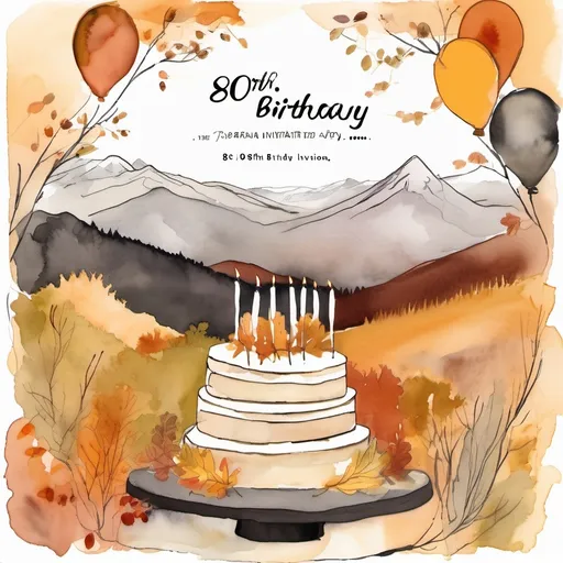 Prompt: ink and wash  on paper,  muted tones, 80th birthday party, invitation, autumn theme, cake or balloons, open white space for text, mountains in background