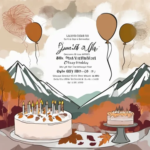 Prompt: Graffiti, muted tones, 80th birthday party, invitation, autumn theme, cake or balloons, open white space for text, mountains in background
