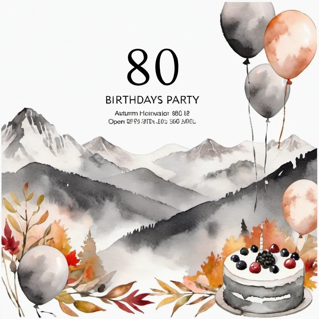 Prompt: Muted tones, 80th birthday party, invitation, autumn theme, cake or balloons, open white space for text, mountains in background