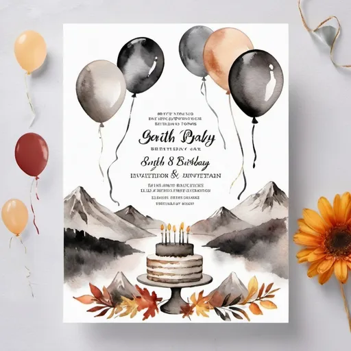 Prompt: Muted tones, 80th birthday party, invitation, autumn theme, cake or balloons, open white space for text, mountains in background