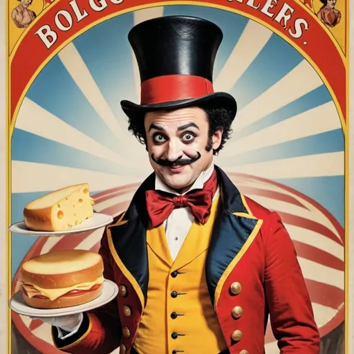 Prompt: circus poster featuring bologna and cheese as the ringmaster