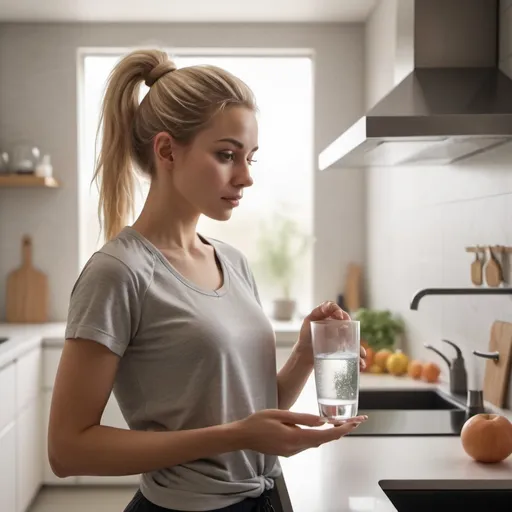 Prompt: A photorealistic image of a young woman around 25 years old, with blonde hair tied in a ponytail, standing in a modern kitchen. She has just finished exercising and is dissolving an effervescent tablet in a glass of water. The kitchen has sleek, modern design elements with a warm and cozy atmosphere. The woman is dressed in casual athletic wear, and her expression is one of relaxation and satisfaction. The lighting is soft and warm, highlighting the modern appliances and the clean, stylish decor of the kitchen. The focus is on the woman and the glass with the dissolving tablet, capturing the moment of effervescence.