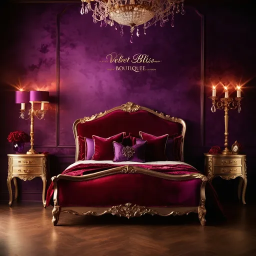 Prompt: Create a 1200x630 pixel high-quality image. Include this text "Velvet Bliss Boutique" in elegant font. Deep reds, purples, or gold. Romance. 

