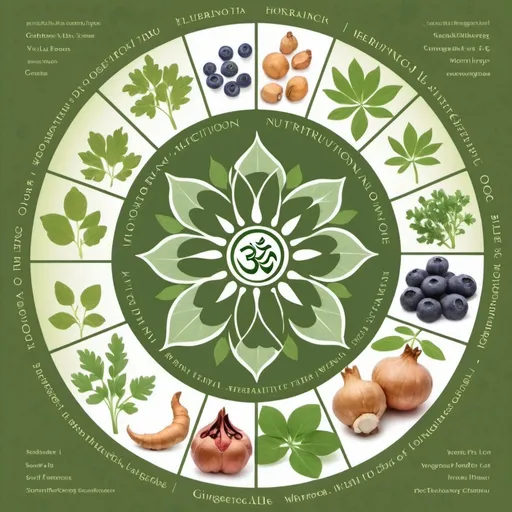 Prompt: Create a journal cover with the following features:
1. Title:  My Record of Holistic Nutrition and Alternative Medicine. 
2. Style:  Earthy 
3. Tone: Earthy and green. 
4. Illustrations: Yoga positions as silhouettes.  Chakra symbols. Images of herbs such as ginger, turmeric, cayenne, clove, moringa, ginseng, lotus flower, soursop, kale, cilantro, will blueberries, pomegranate. 
5. Layout: Circular layout of images below title, lotus meditation position in center
6.  Montserrat font and sans-serif