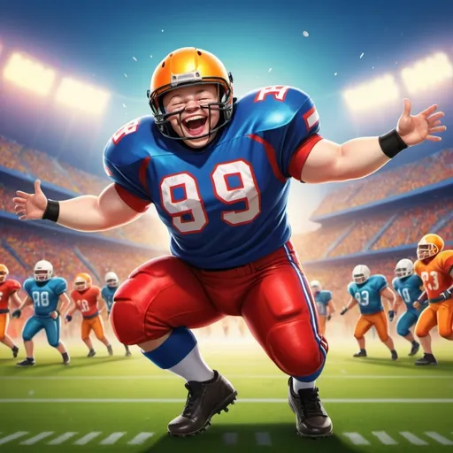 Prompt: (cartoon style) American Football player with Down syndrome, joyful expression, vivid colors, dynamic pose, wearing a football jersey and gear, beaming smile, action-packed background depicting a lively football field, energetic atmosphere, (vibrant and cheerful), (HD, ultra-detailed), celebrating a victory.