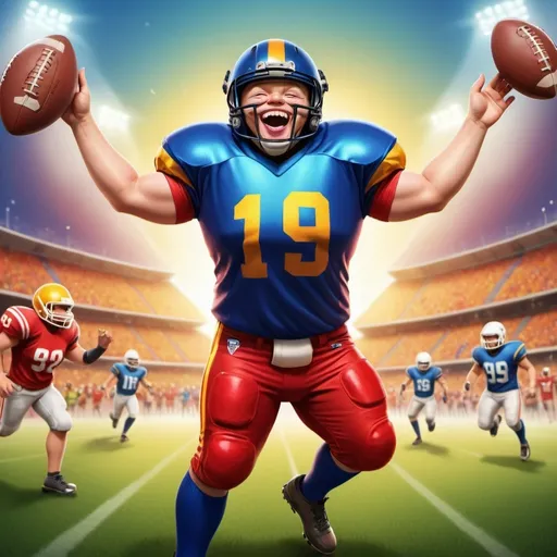 Prompt: (cartoon style) American Football player with Down syndrome, joyful expression, vivid colors, dynamic pose, wearing a football jersey and gear, beaming smile, action-packed background depicting a lively football field, energetic atmosphere, (vibrant and cheerful), (HD, ultra-detailed), celebrating a victory.