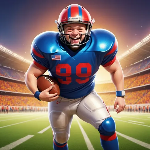 Prompt: (cartoon style) American Football player with Down syndrome, joyful expression, vivid colors, dynamic pose, wearing a football jersey and gear, beaming smile, action-packed background depicting a lively football field, energetic atmosphere, (vibrant and cheerful), (HD, ultra-detailed), celebrating a victory.