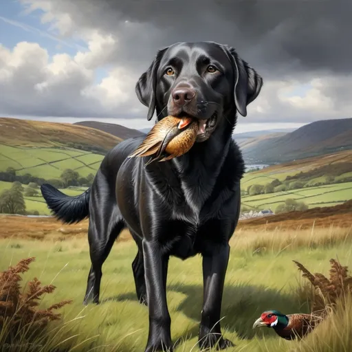 Prompt: Generate a Dutch style painting of a black Labrador carrying a pheasant in its mouth in the Scottish highlands 