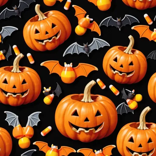 Prompt: Four pumpkin and bats with candy corn 