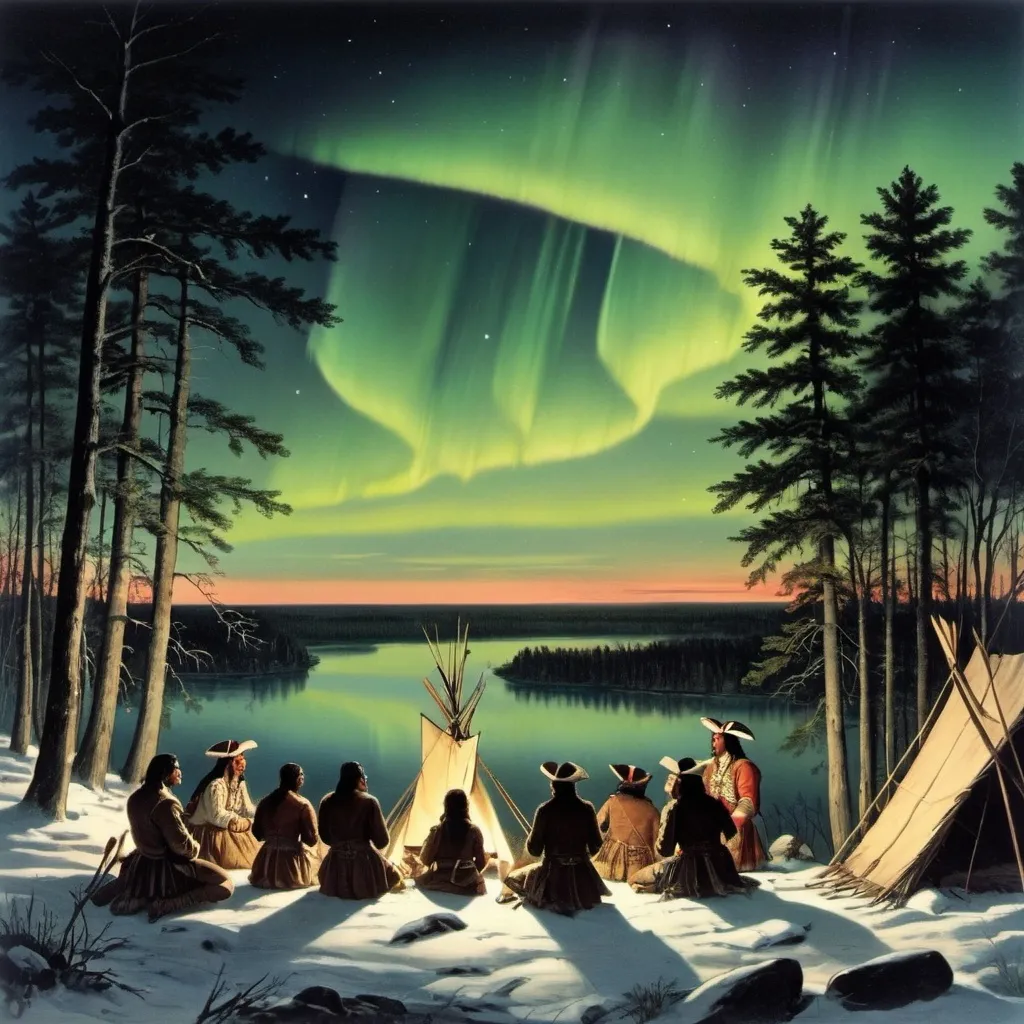 Prompt: Iroquois Indians and French explorers watching aurora 1600s 