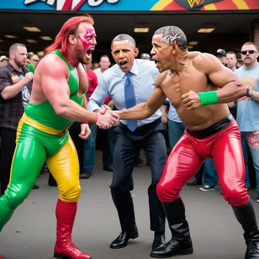 Prompt: Alex Jones and Barack Obama dress as WWE wrestlers throwing big green globs of mucous at each other in a McDonalds parking lot.