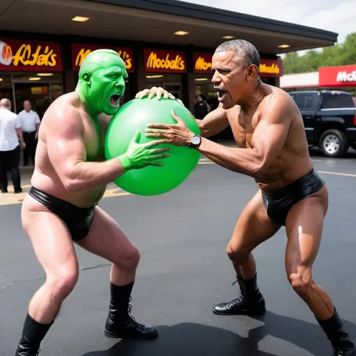 Prompt: Alex Jones and Barack Obama dress as WWE wrestlers throwing big green globs of mucous at each other in a McDonalds parking lot.