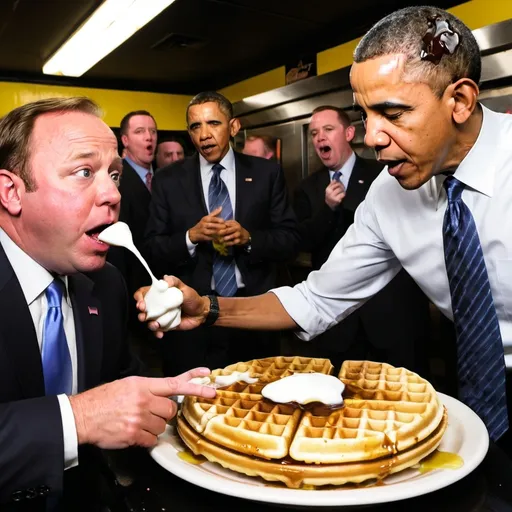 Prompt: Alex Jones and Barack Obama throwing big globs of snot at each other inside of a Waffle house.