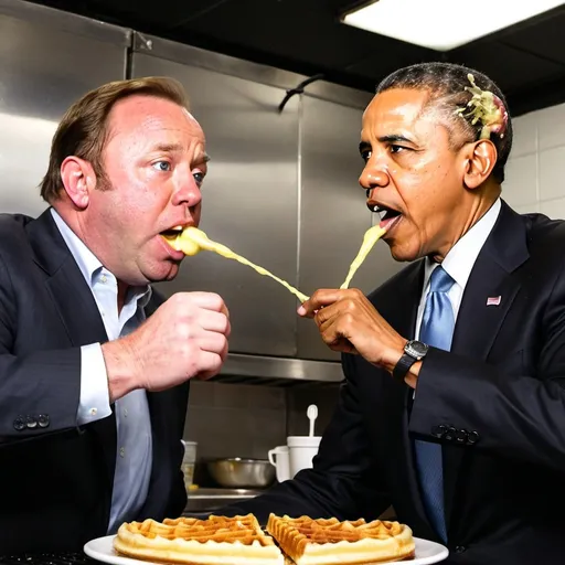 Prompt: Alex Jones and Barack Obama throwing big globs of snot at each other inside of a Waffle house.