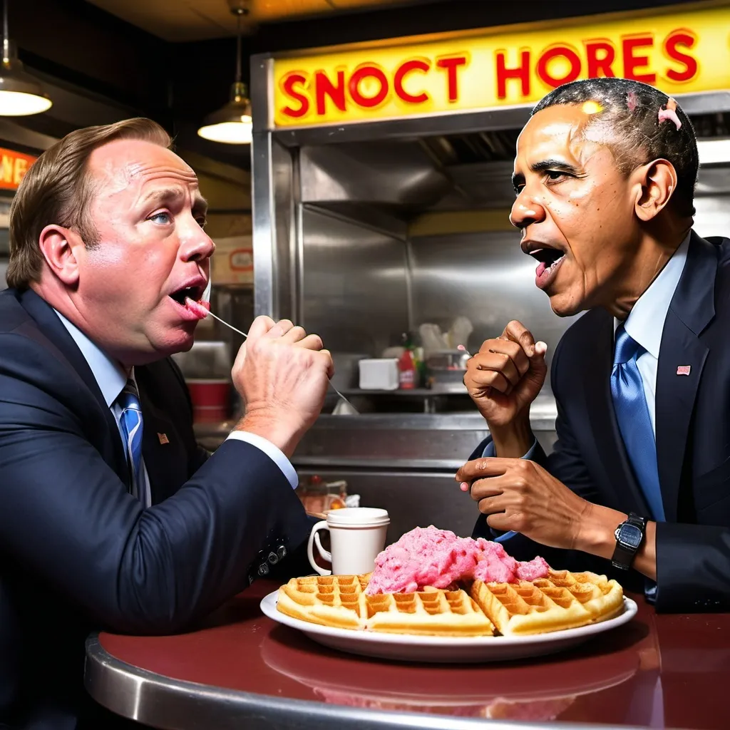 Prompt: Alex Jones and Barack Obama throwing big globs of snot at each other inside of a Waffle house.