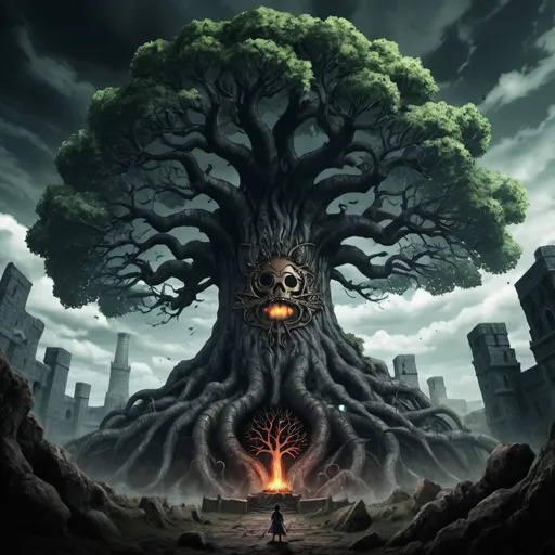 Prompt: One Piece dark souls tree of Yggdrasil large background dark fantasy cruel world 
