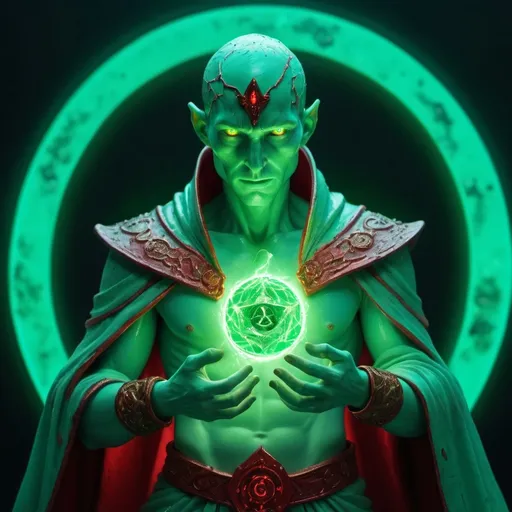 Prompt: Entropy Mage with mint green flaking with red and the skin cracking away porcelain skin cracking with flakes of gold erupting from the body standing over a large neon green rune summoning 