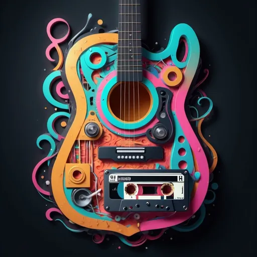 Prompt: Guitar with audio cassette coming out of it
