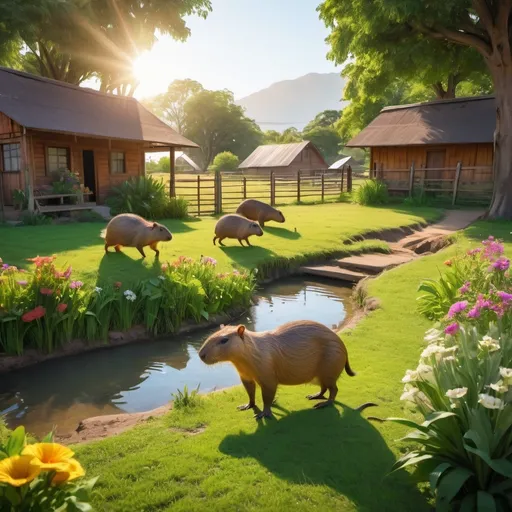 Prompt: A the front yard of a capybara farmlet