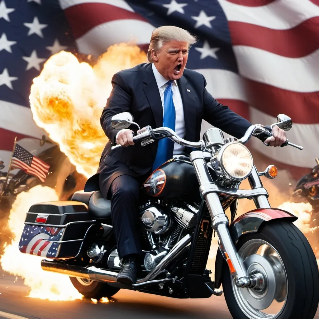 Prompt: Donald Trump on a Harley motorcycle, wearing Loki helmet, shooting two uzis, explosions and american flag background 