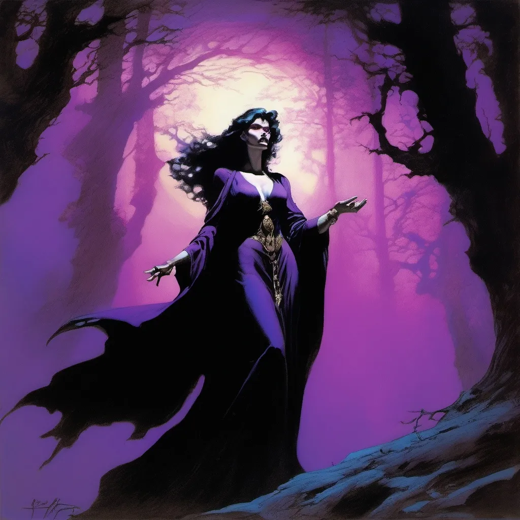 Prompt: frazetta art, a elegant female warlock, detailed, high quality, shooting purple rays from her outstretched hand