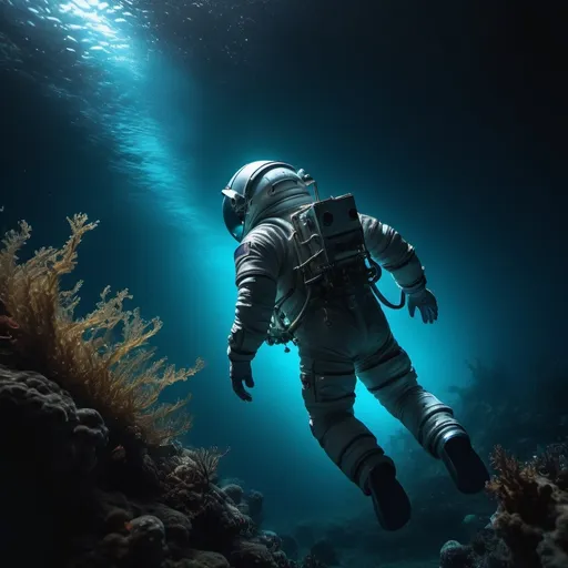 Prompt: astronaut diving deep into the ocean near the seabed. Side view of astronaught. not much light and long seaweed