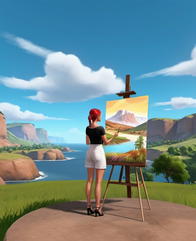 Prompt: a woman standing in front of a painting of a landscape while she is drawing artist in the nature avakin life game theme