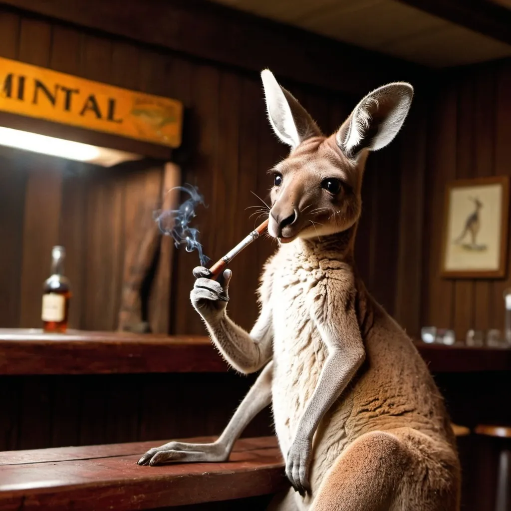 Prompt: a kangaroo leaning against a bar while smoking a pipe
