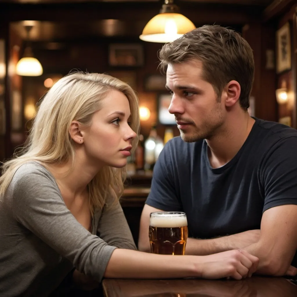 Prompt: can you create a realistic photo (HD) for  2 characters in my book:  they're sitting at a dimly lit, Irish Bar , drinking a pint of beer.  One is a beautiful but down to earth 27 year old woman with blonde hair.  The other, sat across from her is a 6'1 man how is kind looking.  They are looking at each other, slightly stressed. The man has short hair and some stuble. and dark brown hair.
  Have them looking each other in the eyes


