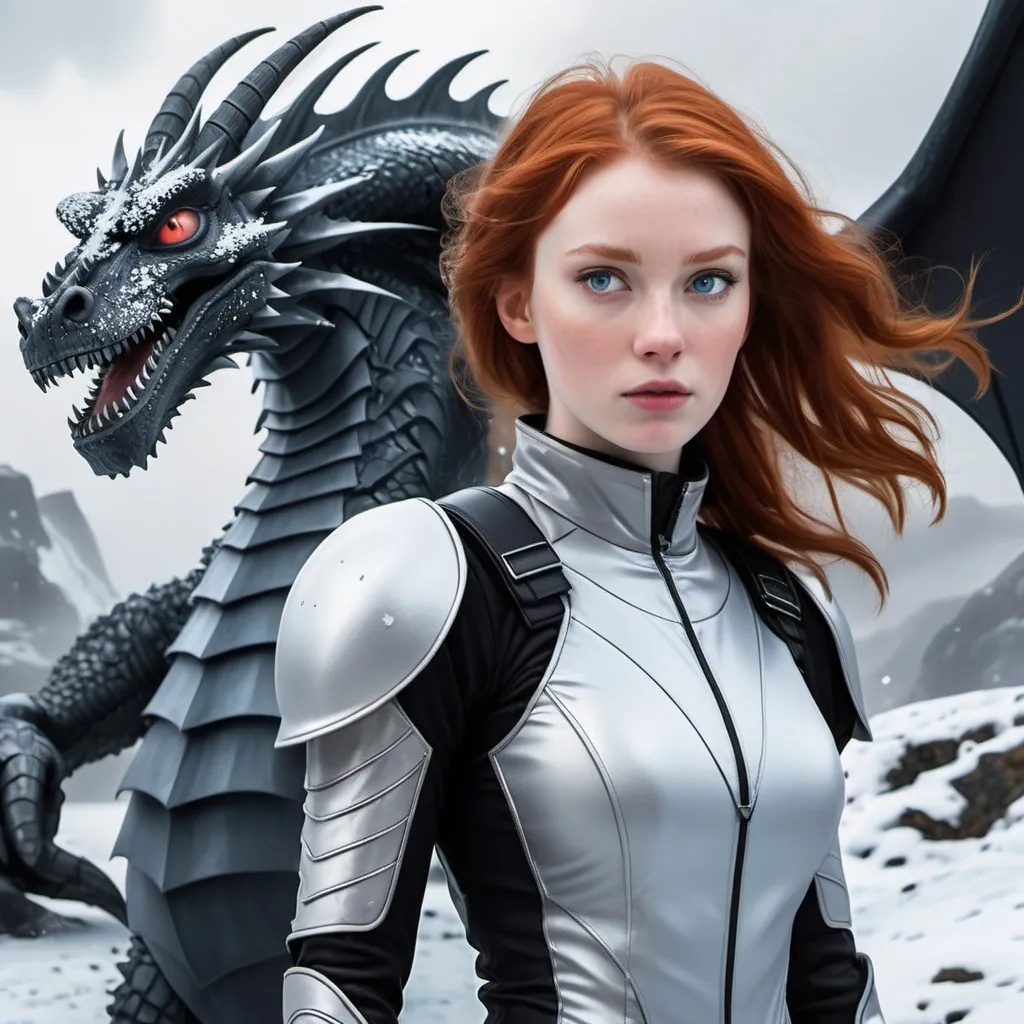 Prompt: in the background an ancient castle on a hill in the frozen north. Light snow falling. In the foreground on the left an extremely attractive redheaded lady of twenty five years old a slight frown on her face. She has blue eyes and is dressed in tight-fitting light grey space traveling suit. In the foreground on her right an immense black dragon with smoke issuing from its nostrils . He has fiery red eyes