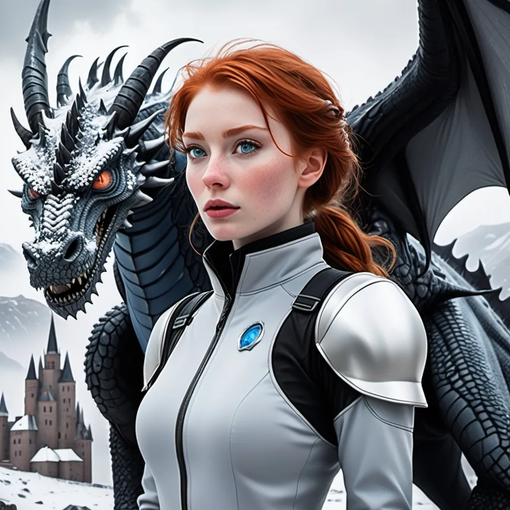 Prompt: in the background an ancient castle on a hill in the frozen north. Light snow falling. In the foreground on the left an extremely attractive redheaded lady of twenty five years old a slight frown on her face. She has blue eyes and is dressed in tight-fitting light grey space traveling suit. In the foreground on her right an immense black dragon with smoke issuing from its nostrils . He has fiery red eyes