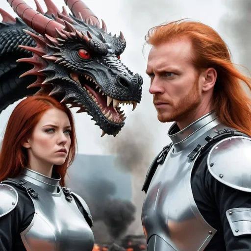 Prompt: face of angry black dragon as background. Smoke issuing from its nostrils. Very attractive red-headed young lady standing in foreground to the side well built middle-aged red-headed man with long hair not receding standing in foreground opposite young lady both wearing futuristic grey tight fitting space suits dragon does not have suit of armor on 